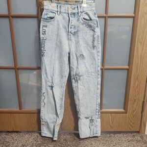 Pacsun Womens High Rise Straight Leg Light Wash Printed Jeans, Snake, Sun, LA